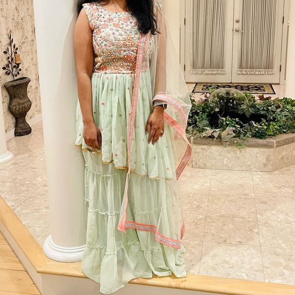 Pastel Green Embroidered Georgette Party Wear Salwar Kameez - Picture 3 of 3